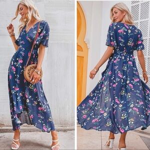 Boho V Neck Floral Wrap Dress